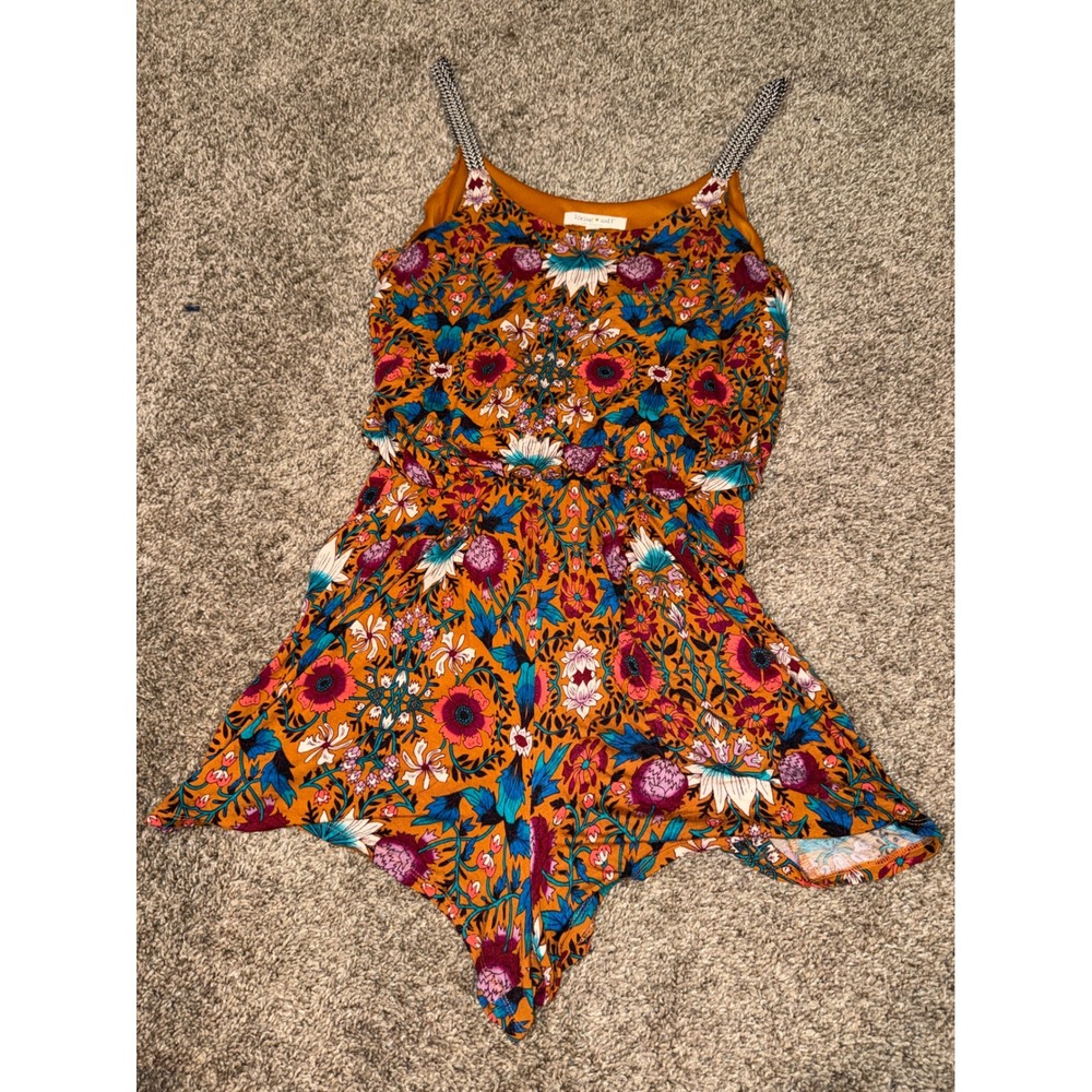 Living Doll Floral Romper Mustard Orange Braided Straps Sleeveless Womens Size M